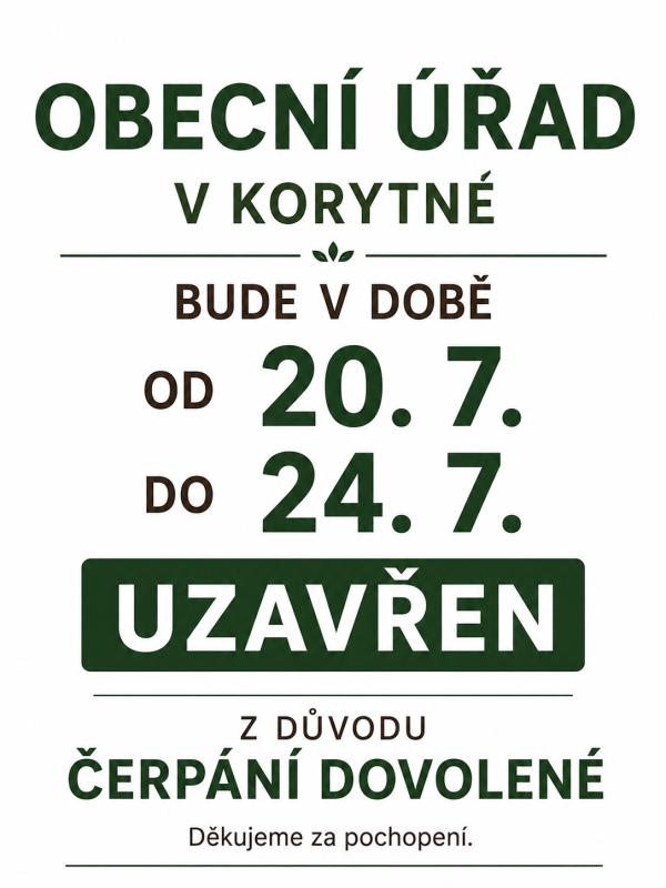 Obecní úřad uzavřen z důvodu čerpání dovolené